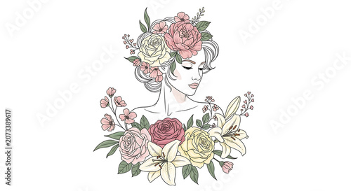 Artistic line art portrait of a beautiful woman adorned with a vibrant bouquet of pink and yellow roses and white lilies
