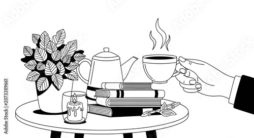 Photos Cozy Morning Tea and Reading Line Art Illustration