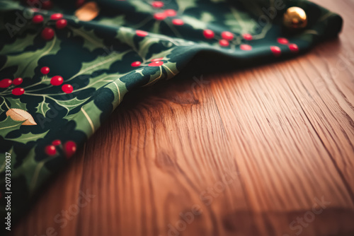 Festive table runner featuring holly berry pattern on a wooden table. Studio photography with a warm, cozy atmosphere. Suitable for holiday decor, seasonal promotions, and festive design projects.