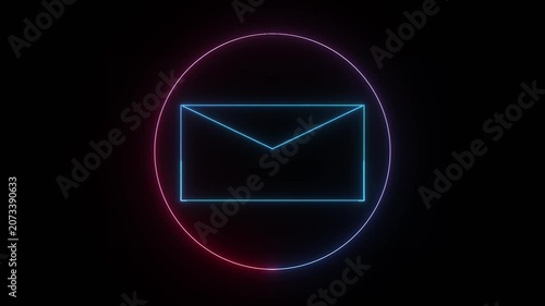 Neon mail icon. massage icon. Mail envelope, incoming mail, Sending mail icon animation
