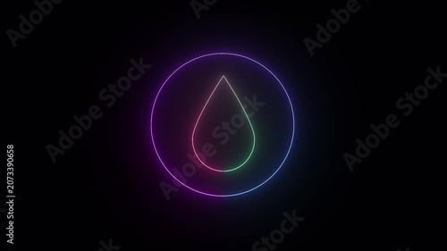 Neon line Water drop icon on black background. Water icon neon line animation