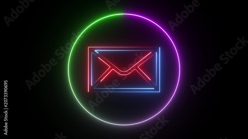 neon mail envelope sign and circle loop animation with black background