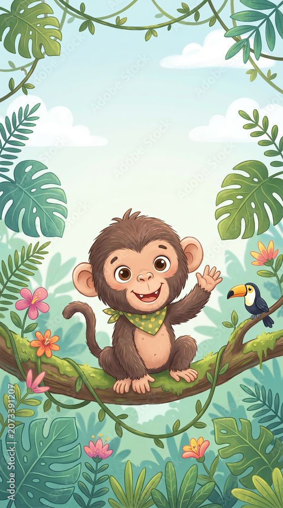 Fototapeta premium Cheerful baby monkey Chimpanzee jungle branch copy space Vertical
