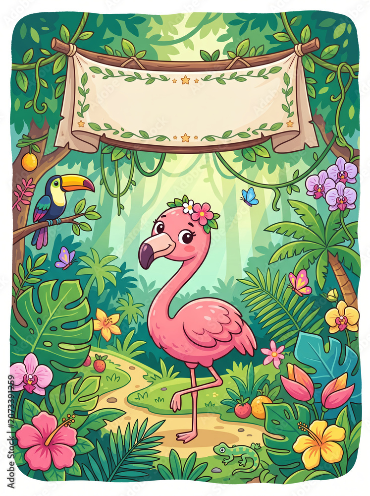 Obraz premium Pink flamingo on jungle path with tropical banner copy space Vertical