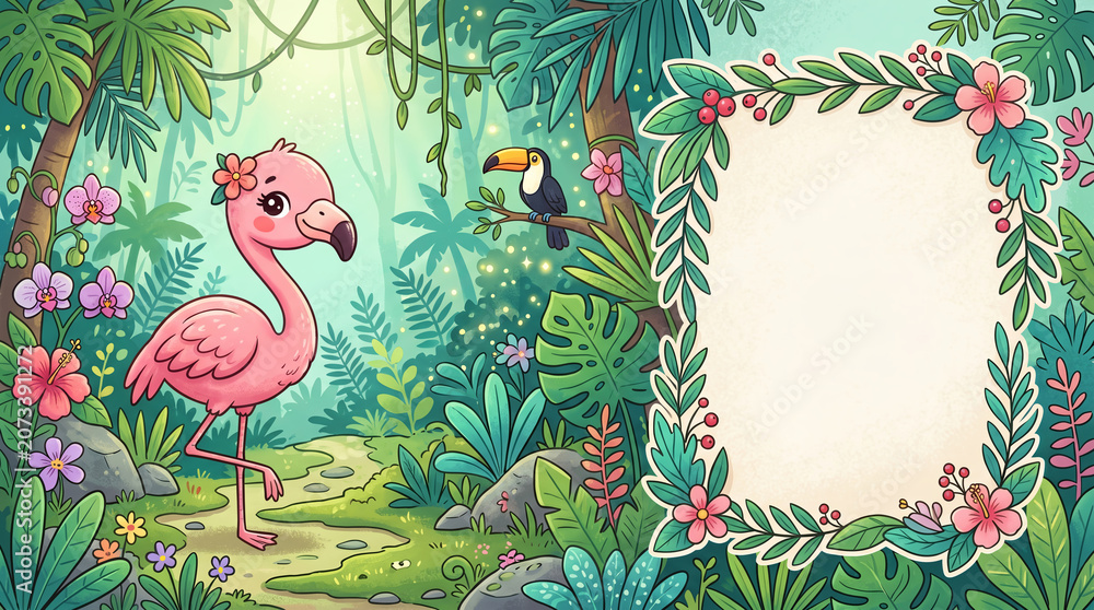Fototapeta premium Pink flamingo in tropical jungle with decorative copy space frame