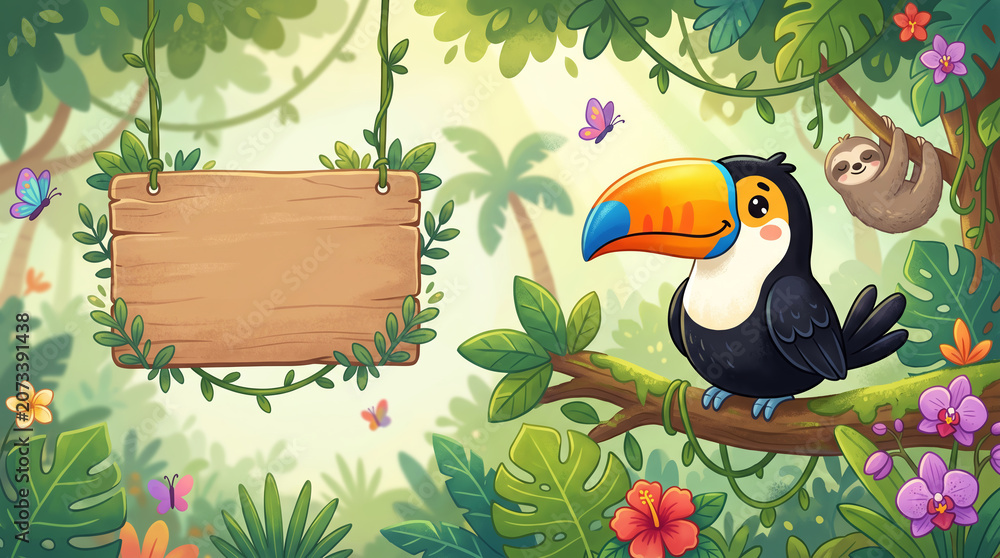Obraz premium Toucan and sloth in jungle with wooden sign copy space