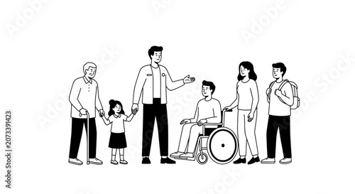 Diverse Group of People Standing Together Including Elderly and Disabled