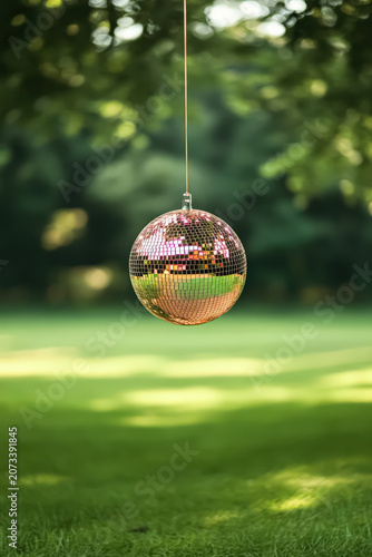A shiny disco ball suspended in a lush green garden. Modern creative photography with vibrant reflections. Suitable for event promotion, party invitations, and festive design projects.