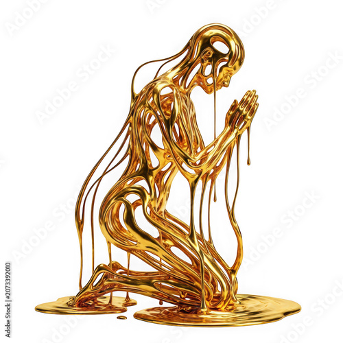 A surreal sculpture of a human figure in a praying pose made of flowing liquid gold isolated on transparent background
