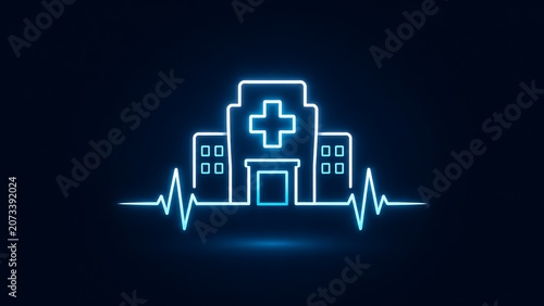 Neon Hospital Building with Medical Cross and ECG Heartbeat Healthcare Technology