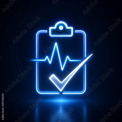 Futuristic Medical Checklist with Heartbeat Pulse and Check mark Neon Healthcare Interface