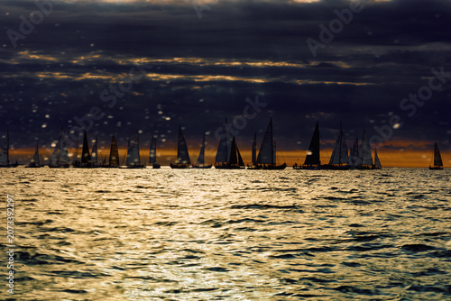A lot of sailing boats through splashing water at sunset, Sailing regatta in the Gulf of Finland at sunset, hot race of several yachts, teamwork