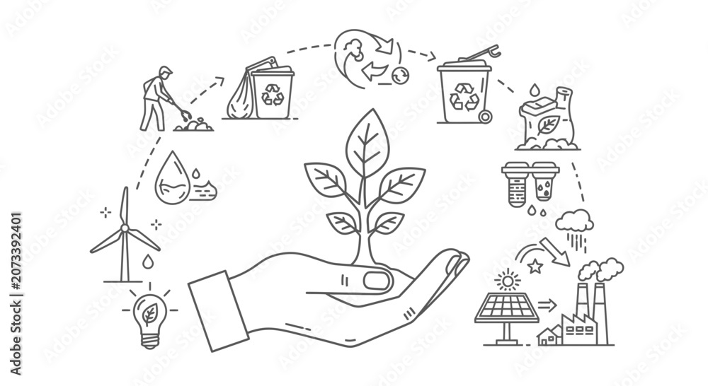 Fototapeta premium Eco Friendly Sustainability Concept Hand Holding Green Plant Illustration