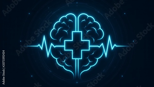 Futuristic Brain Health Technology With Medical Cross And Heartbeat Interface