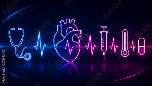 Neon Medical Healthcare Icons with Heart ECG Pulse Stethoscope Syringe Thermometer and Pill
