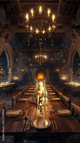 Royal dining hall inside a medieval palace, long wooden banquet table with candles and silverware, stone arches, fireplace glow, luxurious atmosphere, cinematic lighting, fantasy realism