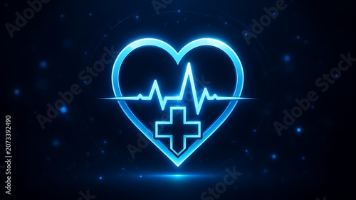 Futuristic Neon Heart Medical Icon with ECG Pulse and Healthcare Cross