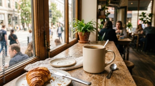 A cup of coffee and croissant on a wooden table in a bustling cafe