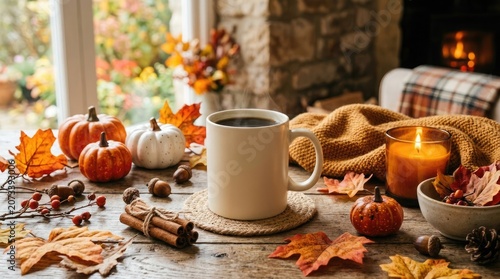 Cozy autumn scene with pumpkins, leaves, and a warm cup of coffee on a table