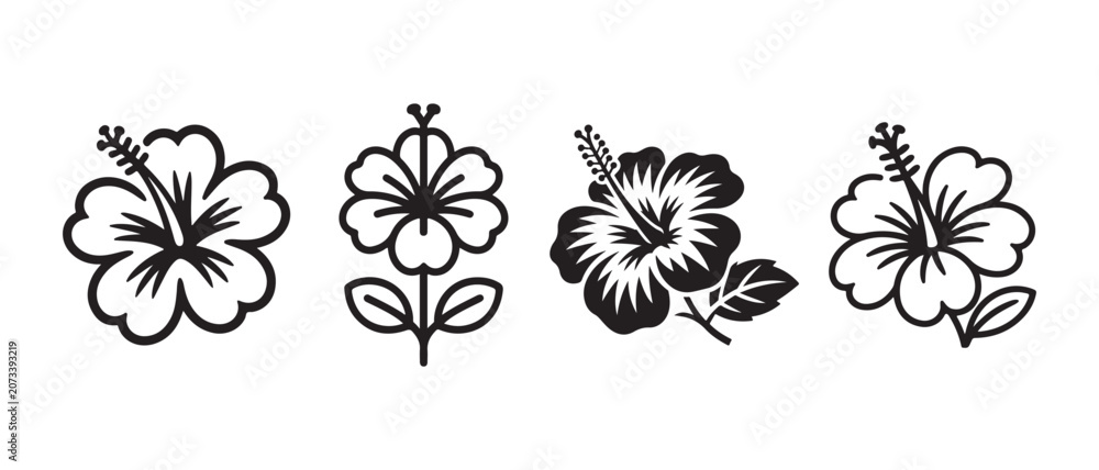 Obraz premium Set of four black hibiscus flower icons and botanical vector illustrations for tropical design.
