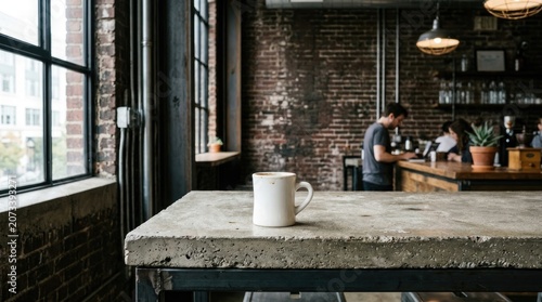 A white coffee mug on a concrete table in a cafe with brick walls