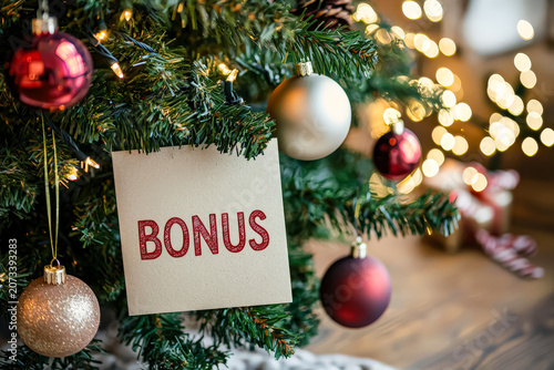 Christmas tree adorned with red and gold ornaments and a card labeled 'BONUS'. Festive indoor holiday setting. Suitable for holiday promotions, festive greeting cards, and seasonal marketing.