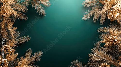Golden pine branches and cones arranged on a rich green background. Festive and elegant digital composition. Suitable for holiday cards, seasonal invitations, and festive decor projects.