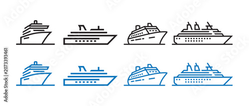 Set of simple cruise ship icons and ocean liner symbols in black and blue line art style.