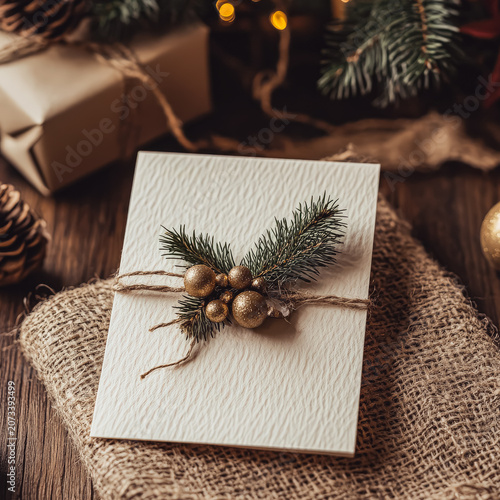 Christmas card adorned with pine branch and gold ornaments on burlap. Studio photography with warm lighting. Suitable for holiday greeting cards, festive decor, and seasonal marketing materials.
