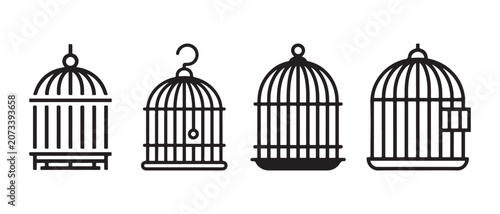 Fotografie Set of black bird cage icons in a simple line art style.