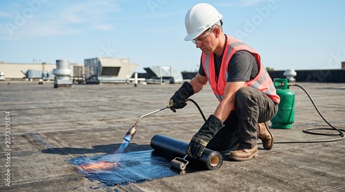 Torch Flat Roof Repair Patch male contractor using open flame gas burner to melt black bitumen roll on commercial building top suitable for industrial waterproofing services articles