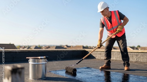 Roller Flat Roof Repair Patch male contractor wearing hardhat applying black liquid waterproofing coating with paint tool on commercial building suitable for industrial maintenance flyers