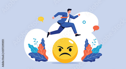 Resilient businessman in a blue suit successfully jumps over a large angry face emoji representing the ability to overcome negativity and obstacles.