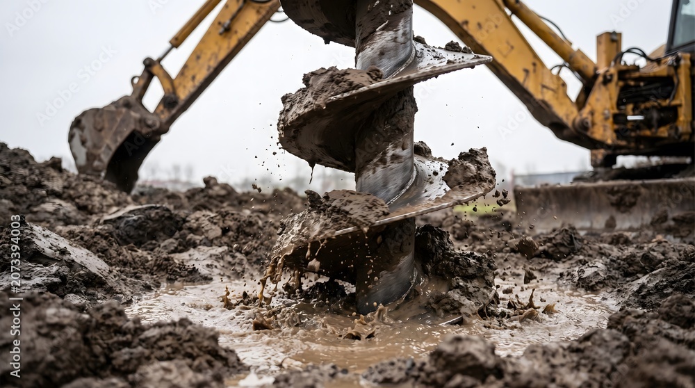 Fototapeta premium Excavator auger drilling into wet muddy ground during construction work