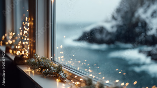 Festive lights and pine branches on a windowsill overlooking a snowy landscape. Atmospheric winter photography. Suitable for holiday greeting cards, seasonal promotions, and cozy home decor themes.
