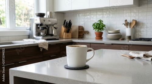 A white coffee mug on a kitchen countertop with a coffee maker