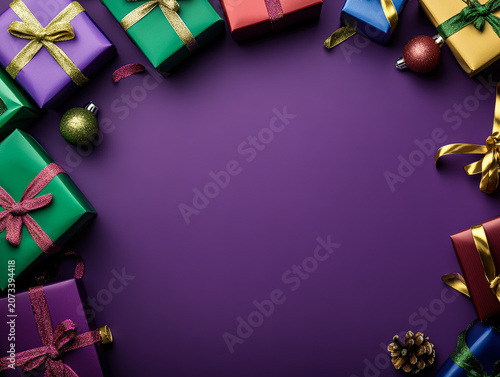 Assorted wrapped gift boxes with ribbons on a purple surface. Studio photography with vibrant colors. Suitable for holiday promotions, festive invitations, and seasonal marketing materials.