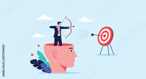 Businessman inside an open human head aims a bow and arrow at a target symbolizing focused thinking and strategic planning for success.