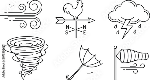 Konstfotografi Severe weather forecast outline icon set featuring wind weather vane thunderstor