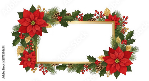 Christmas frame with poinsettia flowers, pine branches, holly berries and pine cones isolated on transparent background
