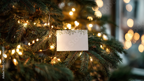Blank card nestled among pine branches with glowing lights. Festive holiday photography. Suitable for Christmas greetings, holiday invitations, and seasonal marketing materials.