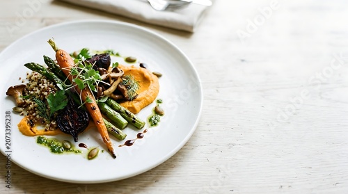 Roasted vegetable salad with quinoa and pumpkin puree on white plate