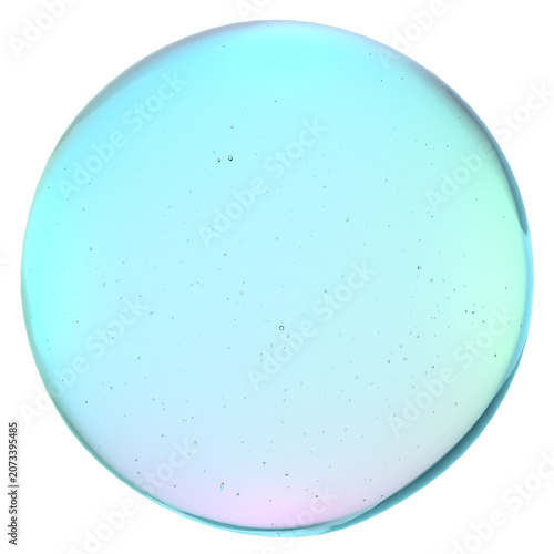 A single, large, iridescent 3D liquid gel bubble or water drop with pastel cyan and pink reflections, isolated on a transparent background.