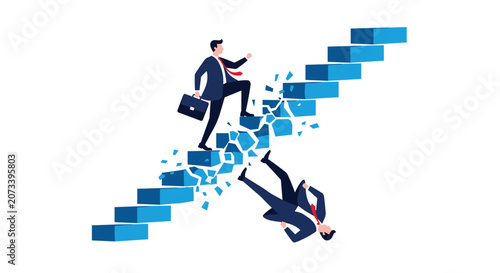 Businessman climbing blue stairs while another person falls from broken stairs illustrating risk and career competition.