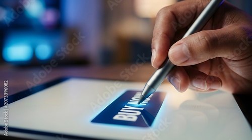 Hand using a stylus to click a buy now button on a digital tablet