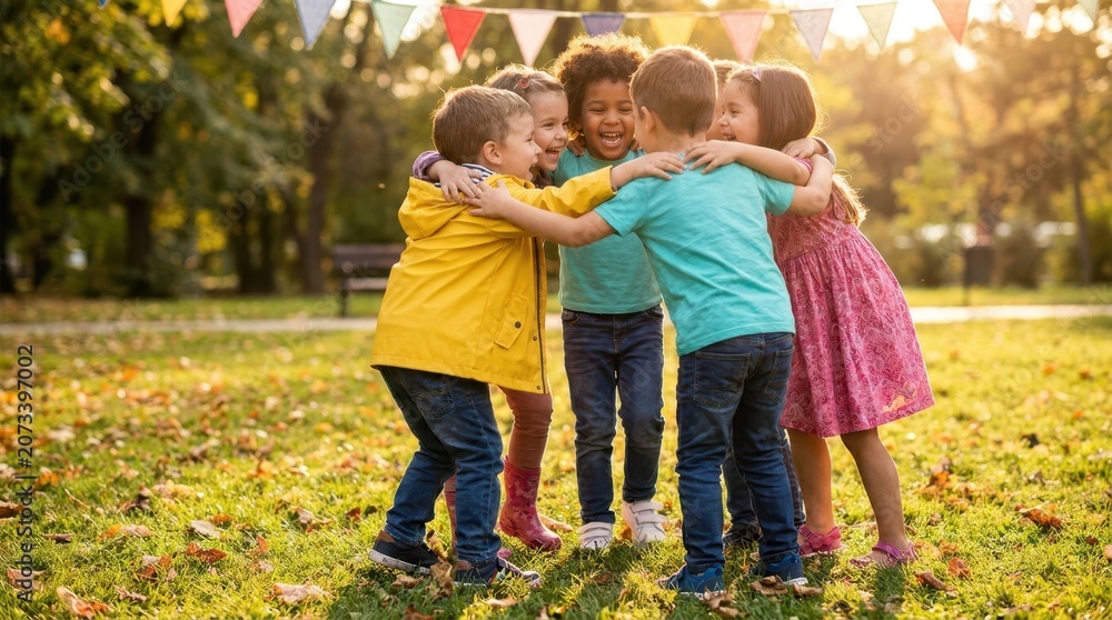Fototapeta premium Diverse group of happy children hugging tightly in a park during autumn