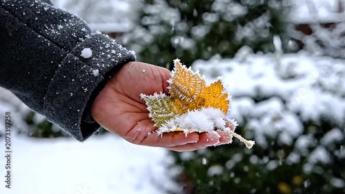 Hand gently holding frosted autumn leaves in a snowy winter landscape
