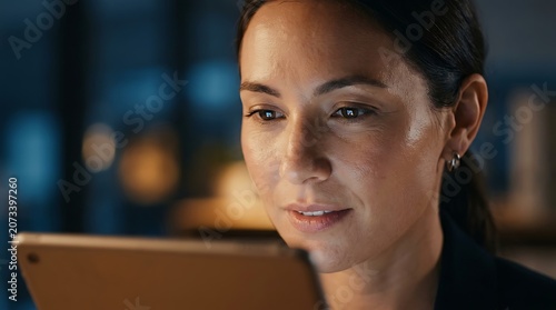 Businesswoman using digital tablet at night with screen reflection