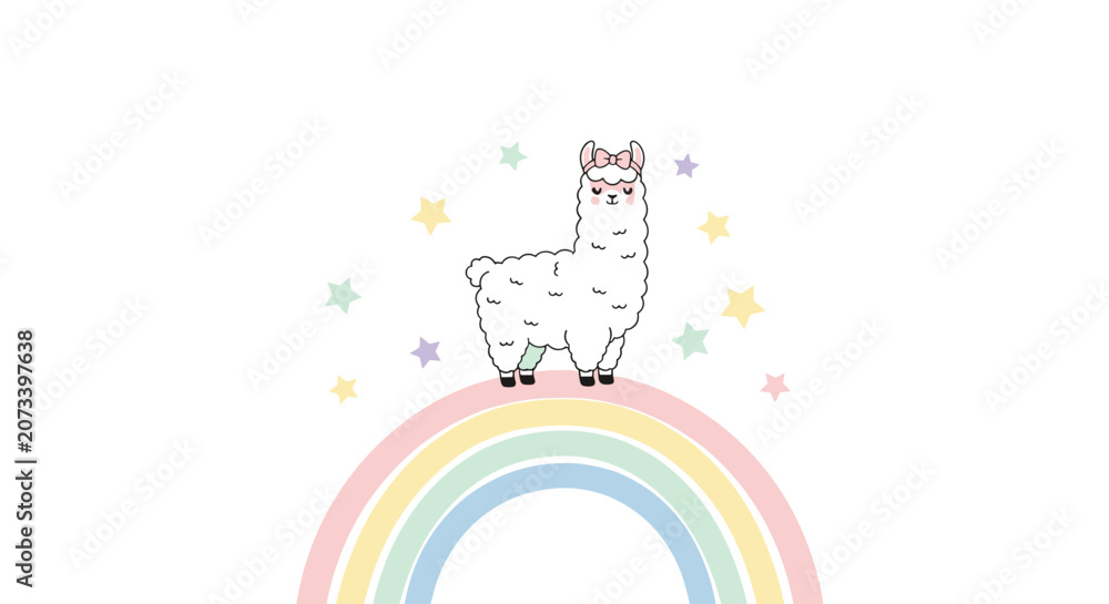 Obraz premium Whimsical llama character standing on a colorful pastel rainbow surrounded by stars for magical and children themed designs.