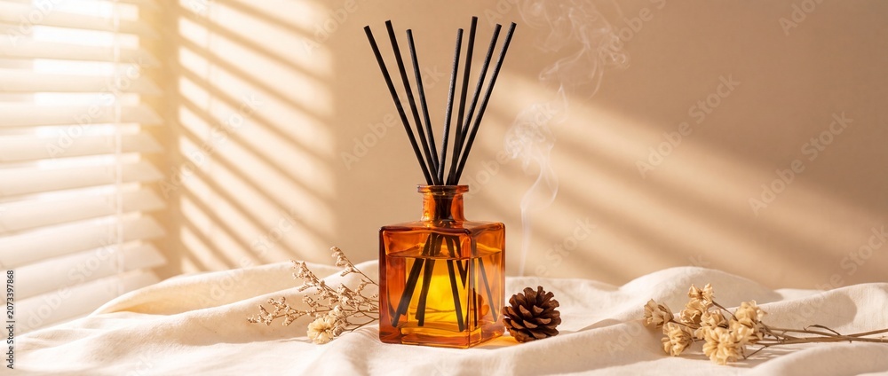 Fototapeta premium Amber glass reed diffuser bottle with rising scented smoke, placed on a linen cloth with dried flowers and soft window blind shadows in warm sunlight.